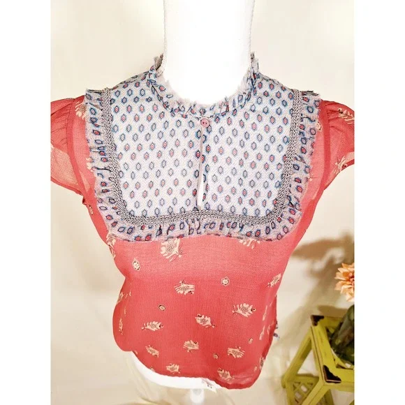 Free People Women's Flutter Sleeve Floral Blouse Medium Red - Picture 4 of 9